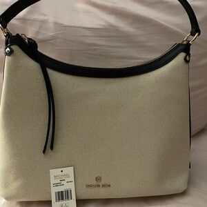 Michael Kors Cream and Black Hobo Shoulder Bag with Gold Hardware